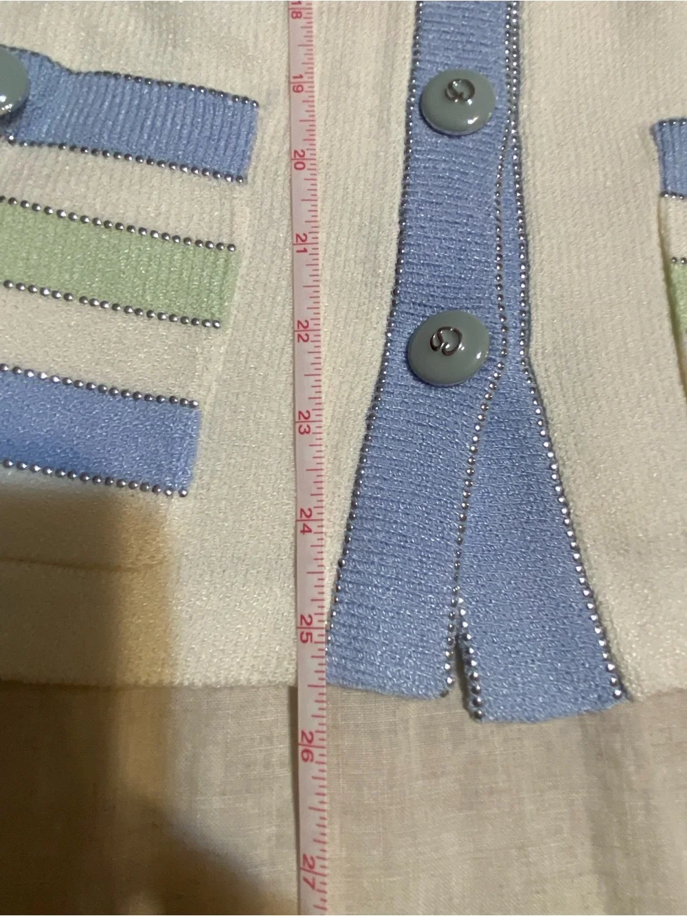 St. John Cream Knit Cardigan & Pleated Skirt with Blue and Mint Trim